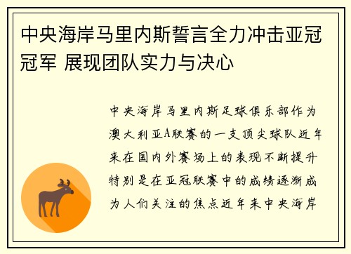 中央海岸马里内斯誓言全力冲击亚冠冠军 展现团队实力与决心