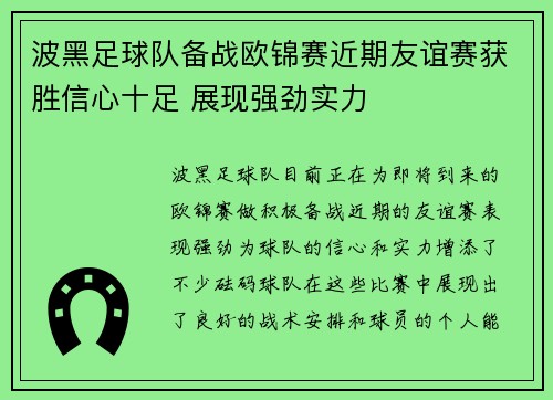 波黑足球队备战欧锦赛近期友谊赛获胜信心十足 展现强劲实力